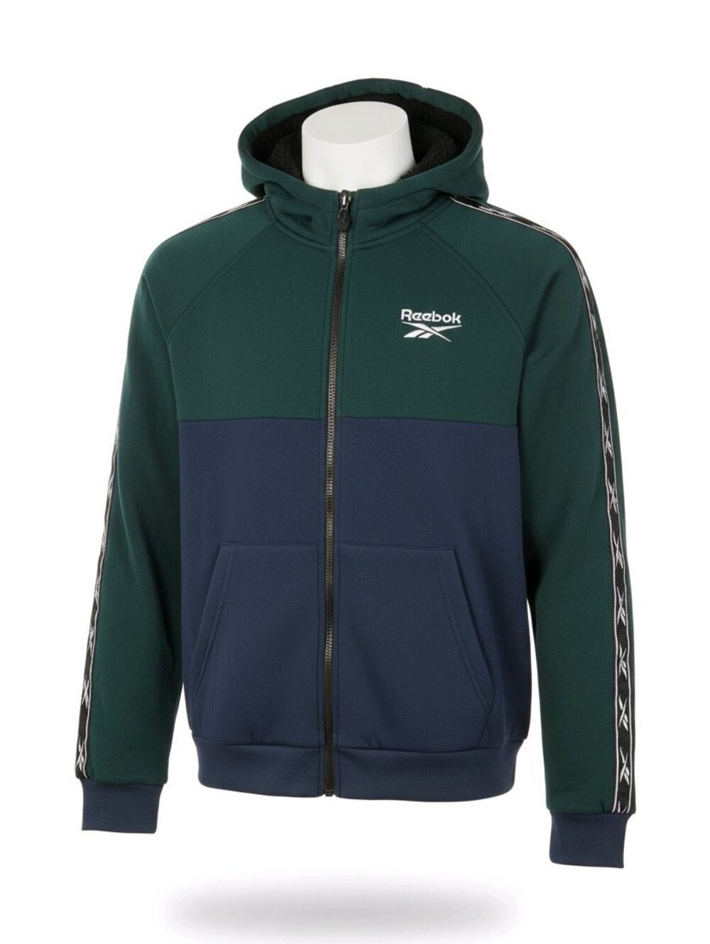 Reebok Dark Green & Navy Colorblock Full-Zip Hoodie with Logo Tape